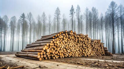 Aufkleber - A large pile of neatly stacked logs rests in a clearing amidst a misty forest of tall, slender trees.