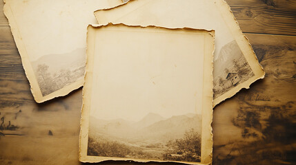 Poster - Vintage photos on yellow album page background. Vector realistic illustration of blank old photograph mockups with stains on torn edges, instant picture templates, retro photoalbum design elements
