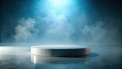 Poster - Empty Circular Platform in a Smoky, Blue-Lit Room