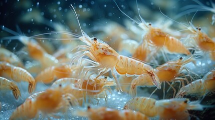 Aufkleber - A multitude of translucent shrimp gracefully navigate through azure waters, surrounded by bubbles and natural light. Their delicate features and movements create an enchanting underwater display.