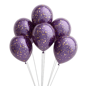 purple balloons with golden glitter confetti isolated on transparent background