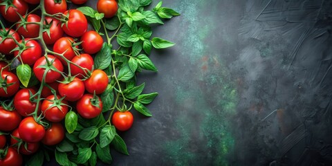 Poster - Fresh Vine-Ripened Tomatoes and Basil on Dark Background