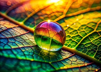 Wall Mural - Vibrant Macro Photography: Dewdrop on a Leaf, Close-Up Nature Detail