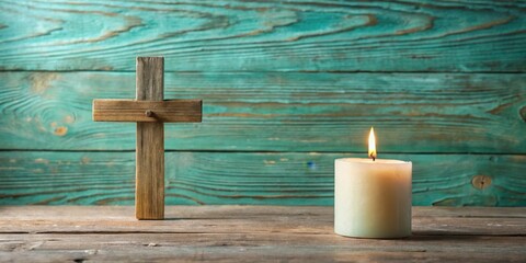 Poster - Rustic wooden cross and lit candle on aged teal wood surface