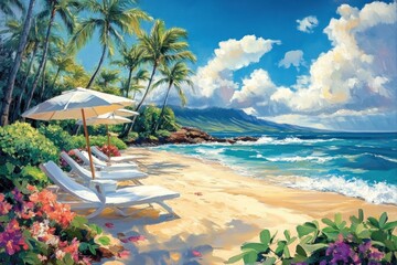 Wall Mural - Tropical beach paradise, lounge chairs, ocean view, postcard