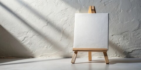 Poster - Blank canvas on a wooden easel against a textured wall bathed in sunlight