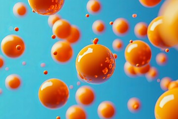 Poster - 3D rendered illustration of falling orange balls against a contrasting blue background, with dynamic shadows and reflections.