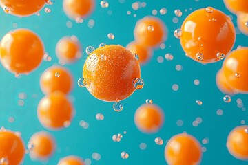 Poster - 3D rendered illustration of falling orange balls against a contrasting blue background, with dynamic shadows and reflections.