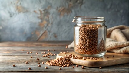 Poster - A glass jar of coriander seeds rests on a rustic wooden table beside a wooden cutting board with some spilled seeds.