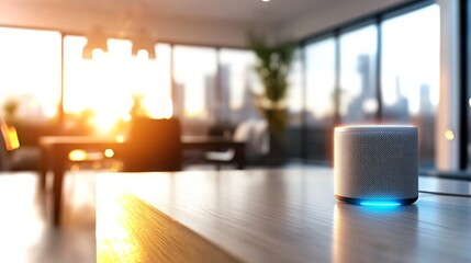 Poster - Modern minimalist smart home featuring voice controlled AI in a sunny urban setting