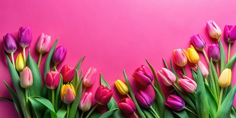 Poster - Vibrant Spring Tulips Arranged on a Pink Background, Perfect for Festive Celebrations and Springtime Greetings