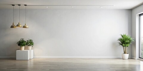 Poster - Minimalist interior room with empty wall, three pendant lights, and potted plants