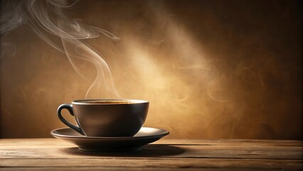 Poster - Aromatic Steam Rising from a Dark Cup of Coffee on Rustic Wood