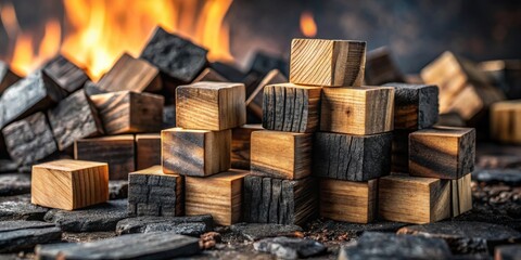 Aufkleber - Wooden blocks arranged in a structure near charred wood