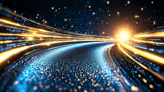 Abstract Glowing Light Trails Through Digital Tunnel
