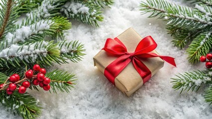 Poster - A Festive Gift Wrapped in Kraft Paper with a Red Bow, Adorned with Snowy Evergreen Branches and Bright Red Berries