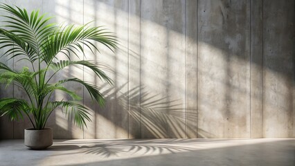 Wall Mural - Sunlit Interior with Tropical Plant and Concrete Wall