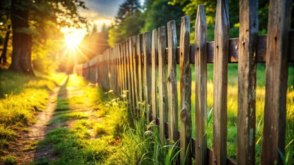 Poster - Rustic wooden fence beside a sunlit path through a verdant meadow at sunset
