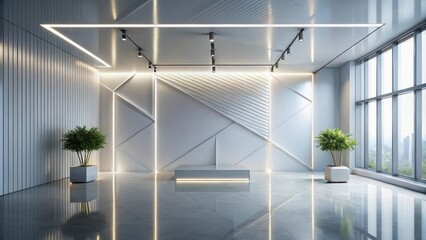 Aufkleber - Modern minimalist architectural interior design with sleek lines, geometric wall paneling, and subtle lighting showcasing a clean, contemporary aesthetic and expansive windows.