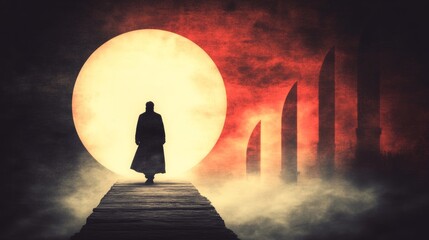 Wall Mural - silhouette of a man walking away into a mystical, moonlit landscape. a dramatic scene with warm and 