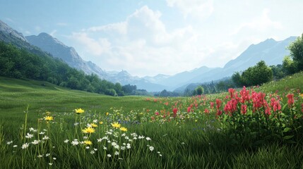 Wall Mural - Serene Meadow with Colorful Flowers and Majestic Mountains