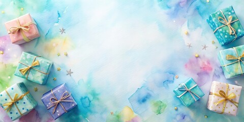 Aufkleber - Pastel Presents on Watercolor Background with Festive Decorations
