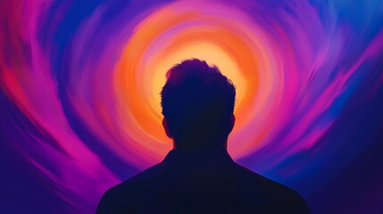 Wall Mural - Silhouette of a man against a vibrant, swirling backdrop of purple, pink, and orange hues. A captivating blend of darkness and light.