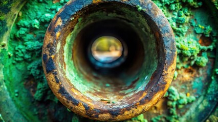 Poster - Rusty Pipe's Mysterious Depth A Glimmer of Light at the End of a Corroded Tunnel