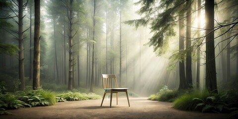 Poster - Serene wooden chair in a sun-dappled forest path