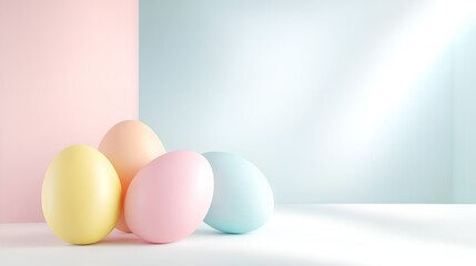 Poster - pastel-colored easter eggs arranged on a white surface with a soft, minimalistic background, creatin