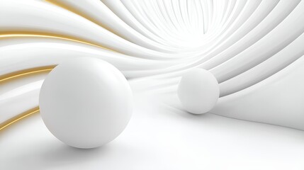 Poster - futuristic abstract 3d scene with smooth white spheres floating in a curved tunnel-like space, accen