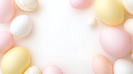 Poster - Pastel-colored Easter eggs with soft gradients and subtle gold details arranged in a circular pattern on a light background, creating a festive and elegant holiday composition