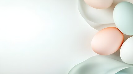 Poster - minimalist composition of pastel-colored eggs arranged on soft flowing fabric with a light gradient 