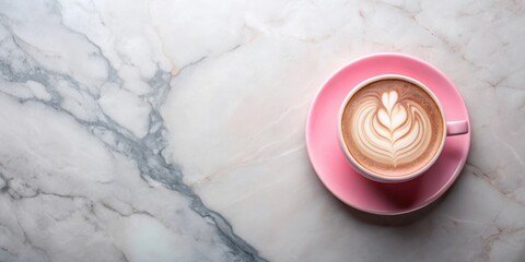 Canvas Print - A pink cup of latte art coffee on a marble surface