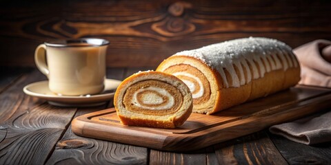 Poster - Delicious Swirled Pumpkin Roll with Creamy Filling, Served on Rustic Wooden Board with Coffee