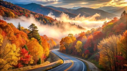 Poster - Scenic autumnal roadway winding through a misty mountain valley with vibrant foliage during sunrise