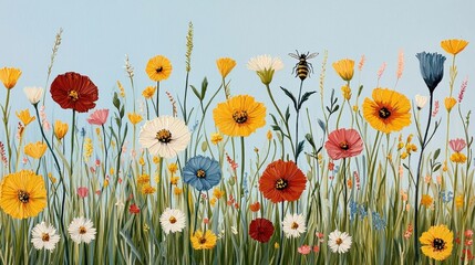 Sticker - Vibrant Wildflower Field with Colorful Blooms and Insect Activity