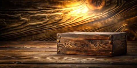 Wall Mural - Rustic Wooden Box on Dark Wooden Surface with Warm Backlighting