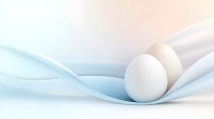 Poster - two smooth white eggs resting on flowing abstract shapes in soft pastel tones, symbolizing purity, b