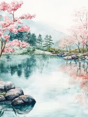 Aufkleber - Peaceful spring landscape with cherry blossom trees and serene water reflections in a tranquil natural setting. Generative AI