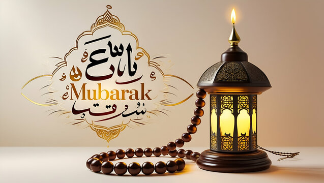 Eid Mubarak Greeting Typography. Ramadan Candle Lantern with Wooden Prayer Beads
