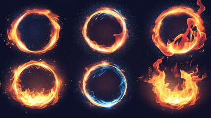 Poster - Circle fire frames set isolated on transparent background. Vector realistic illustration of round orange borders burning with flame, smoke and sparkles, magic power effect, animation sprite sheet