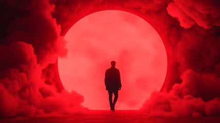 Wall Mural - silhouette of a man walking towards a large red orb in a surreal, crimson landscape.