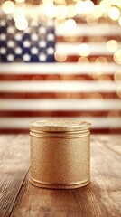 Canvas Print - Gold Glittery Candle on Wooden Table with Blurred American Flag Background