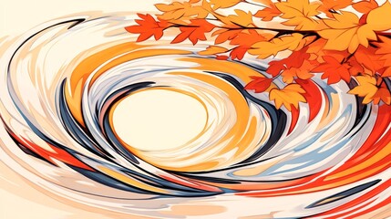 Sticker - Autumn leaves swirl in a vibrant, abstract painting. Warm oranges and reds contrast with cool blues and grays, creating a captivating autumnal scene.