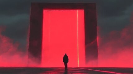 Sticker - Silhouette of a person standing before a large, glowing red portal in a mysterious, smoky atmosphere.