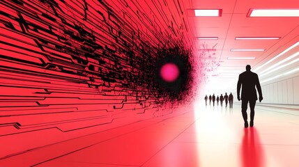 Wall Mural - a lone figure walks towards a bright light at the end of a futuristic corridor, leaving behind a wor