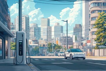 Poster - Busy city street features urban EV charging station with electric cars plugged in during bright daylight. Generative AI