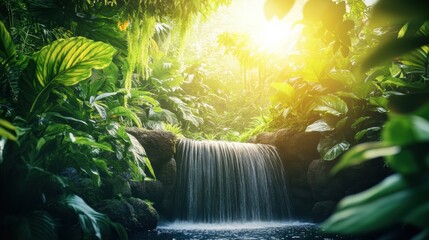 Aufkleber - Serene waterfall cascades through lush greenery in a sunlit tropical forest setting. Generative AI