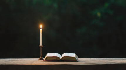 easter religious service. serene altar setup featuring open Bible and lit candle